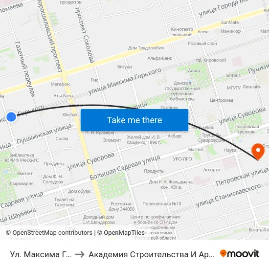 Ул. Максима Горького to Академия Строительства И Архитектуры Дгту map