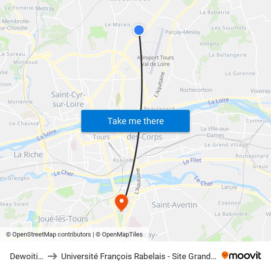 Dewoitine to Université François Rabelais - Site Grandmont map