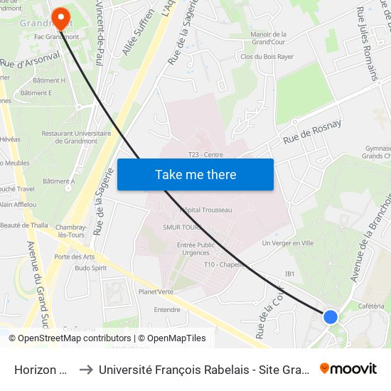 Horizon Vert to Université François Rabelais - Site Grandmont map