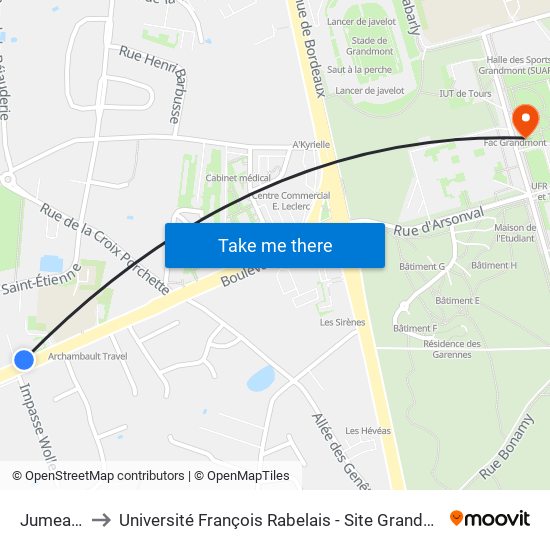 Jumeaux to Université François Rabelais - Site Grandmont map