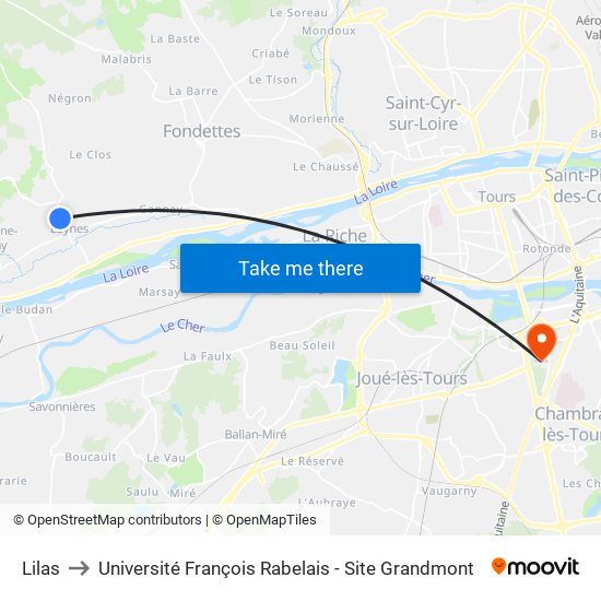 Lilas to Université François Rabelais - Site Grandmont map