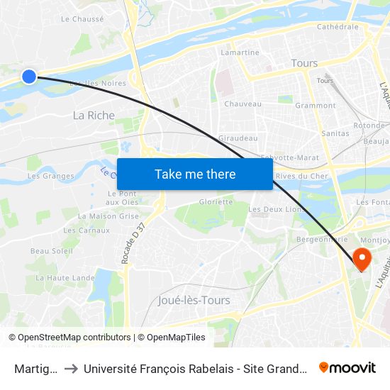 Martigny to Université François Rabelais - Site Grandmont map