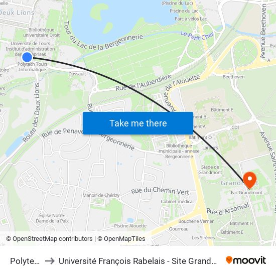 Polytech to Université François Rabelais - Site Grandmont map