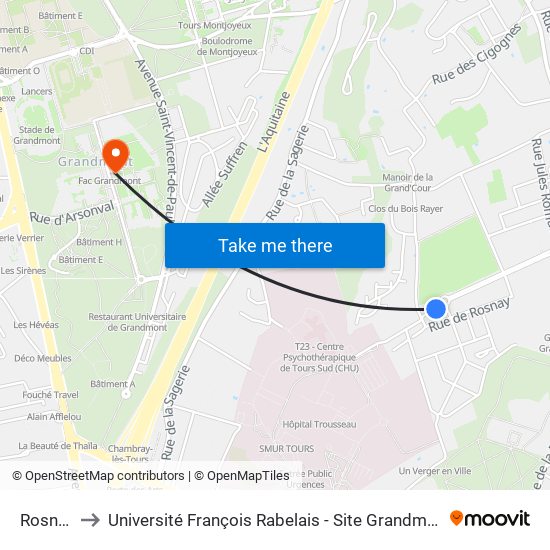 Rosnay to Université François Rabelais - Site Grandmont map