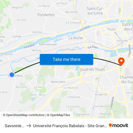 Savonnières to Université François Rabelais - Site Grandmont map