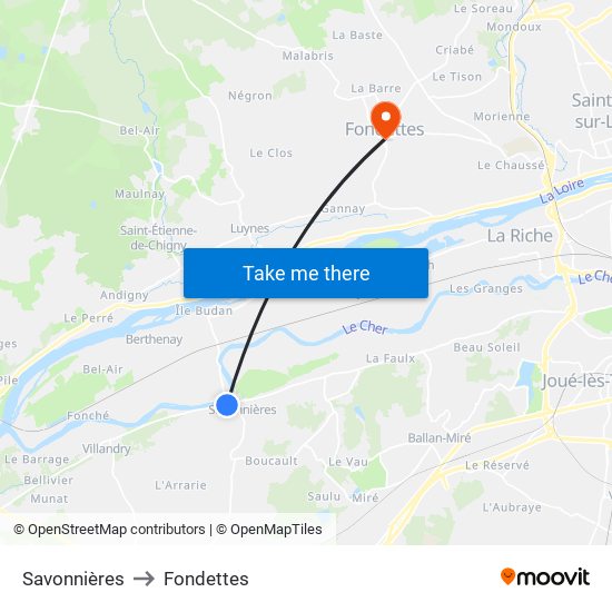 Savonnières to Fondettes map