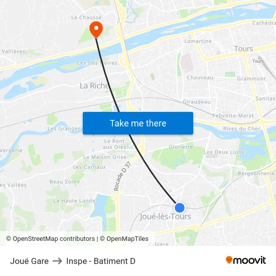 Joué Gare to Inspe - Batiment D map