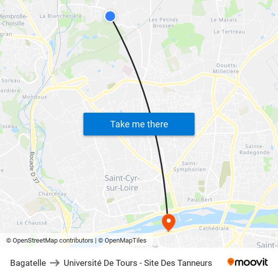 Bagatelle to Université De Tours - Site Des Tanneurs map