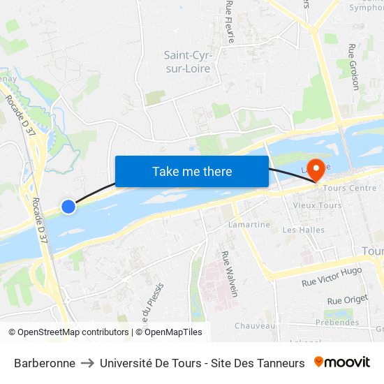 Barberonne to Université De Tours - Site Des Tanneurs map