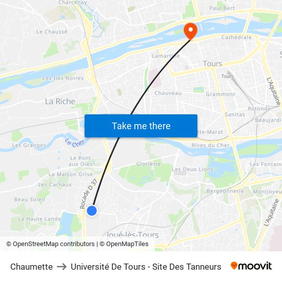 Chaumette to Université De Tours - Site Des Tanneurs map