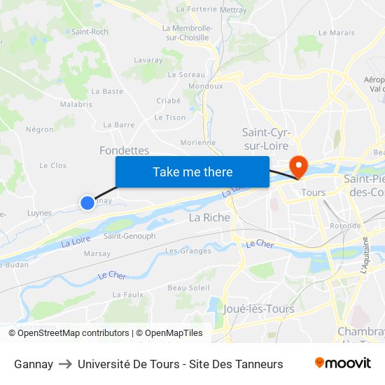 Gannay to Université De Tours - Site Des Tanneurs map