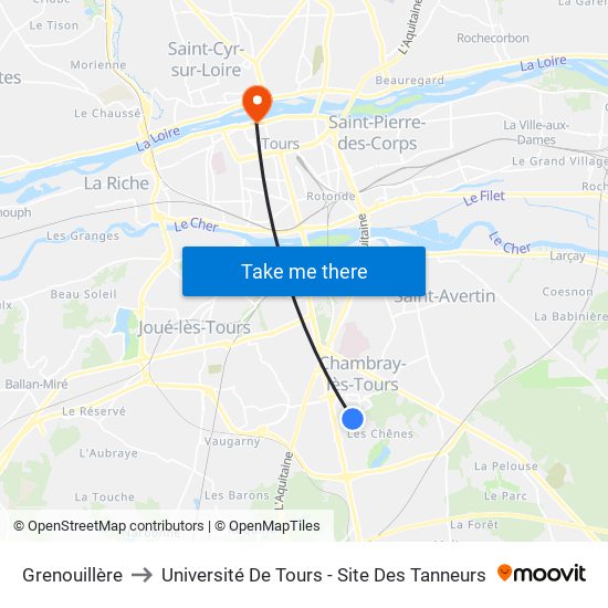 Grenouillère to Université De Tours - Site Des Tanneurs map