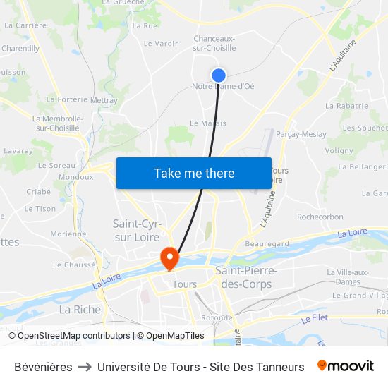 Bévénières to Université De Tours - Site Des Tanneurs map