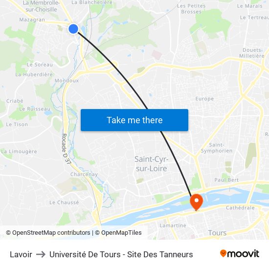 Lavoir to Université De Tours - Site Des Tanneurs map