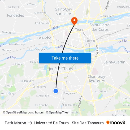 Petit Moron to Université De Tours - Site Des Tanneurs map