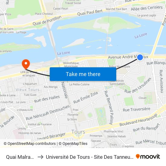 Quai Malraux to Université De Tours - Site Des Tanneurs map