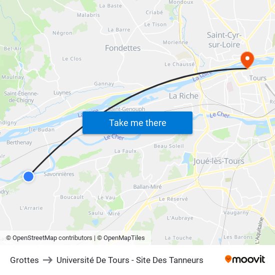 Grottes to Université De Tours - Site Des Tanneurs map