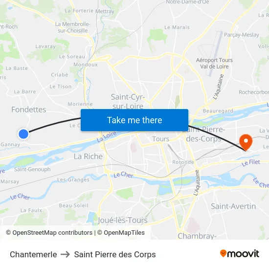 Chantemerle to Saint Pierre des Corps map