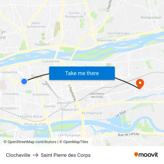 Clocheville to Saint Pierre des Corps map