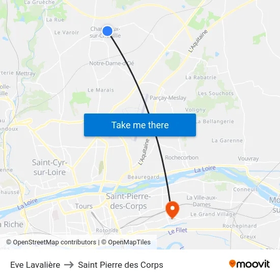 Eve Lavalière to Saint Pierre des Corps map
