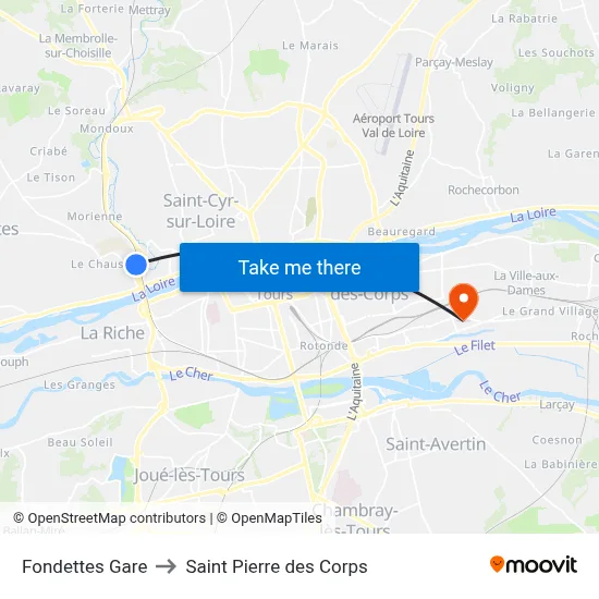 Fondettes Gare to Saint Pierre des Corps map