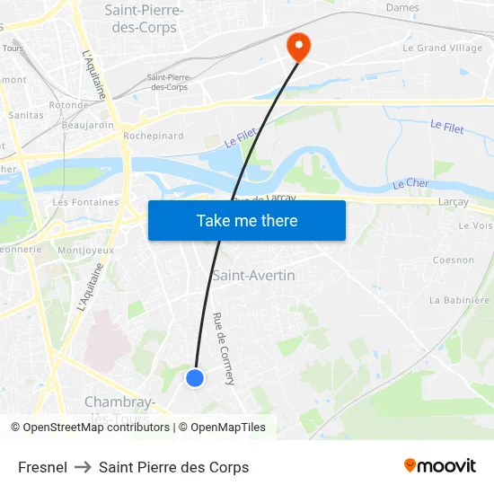 Fresnel to Saint Pierre des Corps map