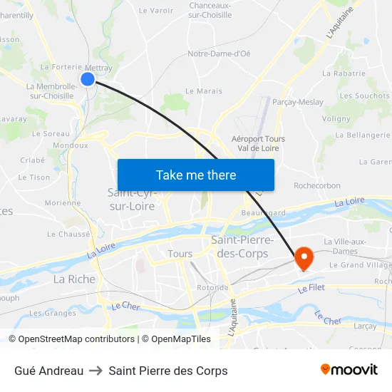 Gué Andreau to Saint Pierre des Corps map