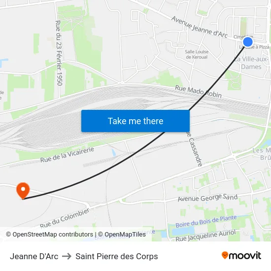 Jeanne D'Arc to Saint Pierre des Corps map
