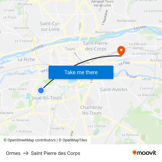 Ormes to Saint Pierre des Corps map