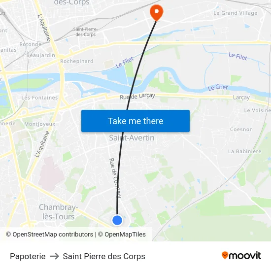 Papoterie to Saint Pierre des Corps map