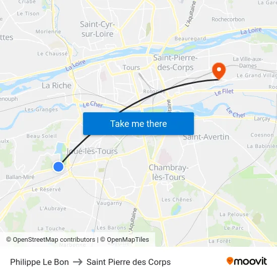 Philippe Le Bon to Saint Pierre des Corps map