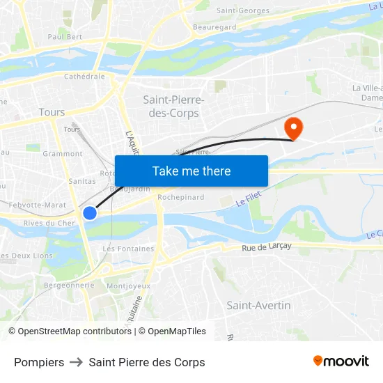 Pompiers to Saint Pierre des Corps map