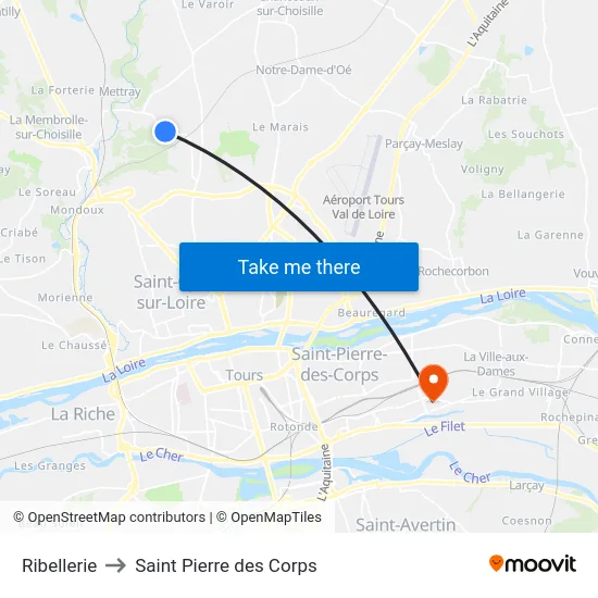 Ribellerie to Saint Pierre des Corps map