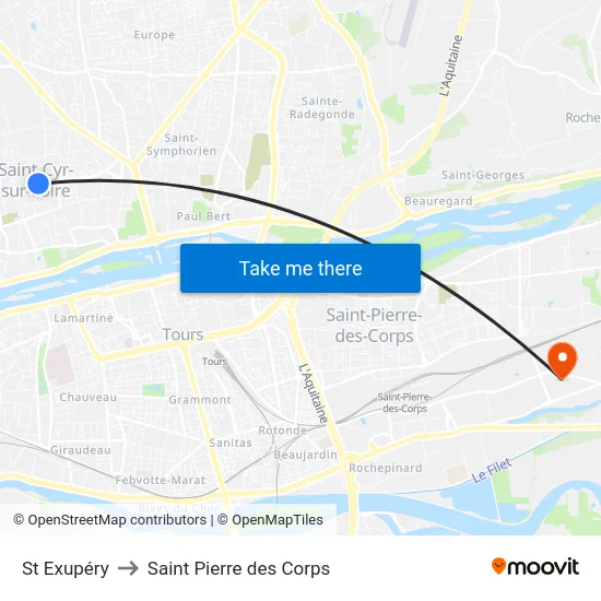 St Exupéry to Saint Pierre des Corps map