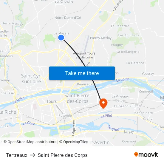 Tertreaux to Saint Pierre des Corps map