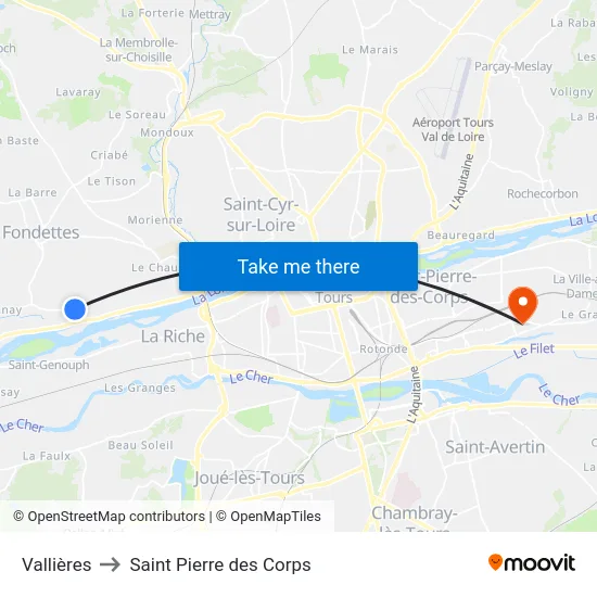 Vallières to Saint Pierre des Corps map
