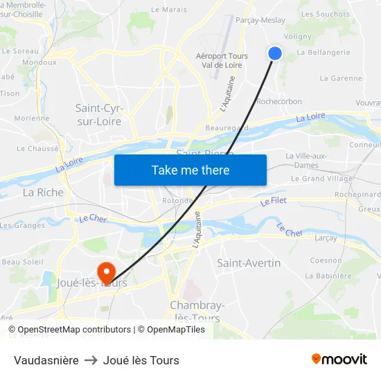 Vaudasnière to Joué lès Tours map