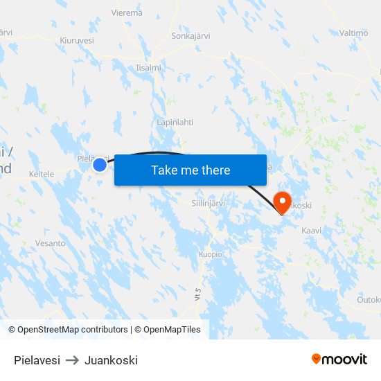 Pielavesi to Juankoski map