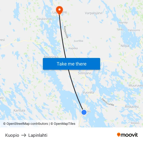 Kuopio to Lapinlahti map