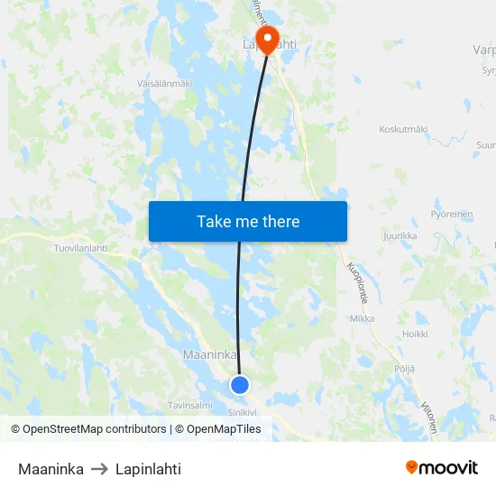 Maaninka to Lapinlahti map