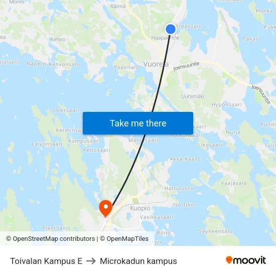 Toivalan Kampus E to Microkadun kampus map