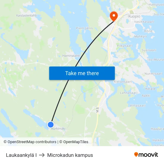 Laukaankylä I to Microkadun kampus map