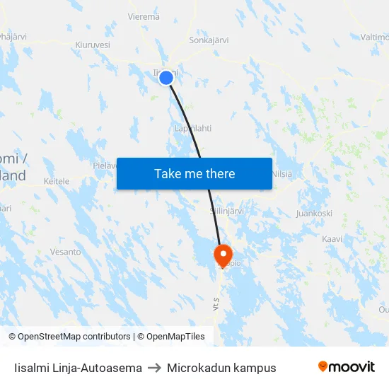 Iisalmi Linja-Autoasema to Microkadun kampus map