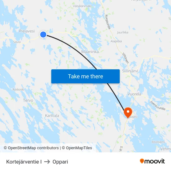 Kortejärventie I to Oppari map