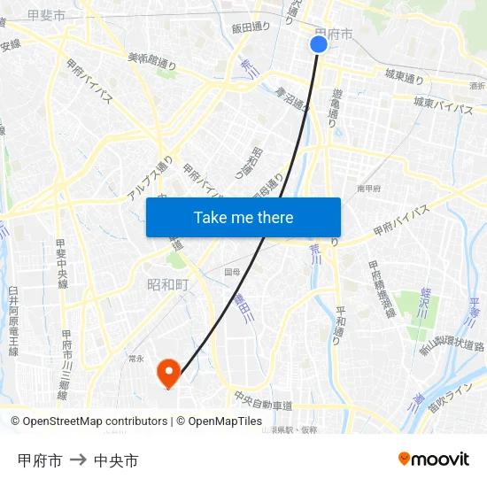 甲府市 to 中央市 map