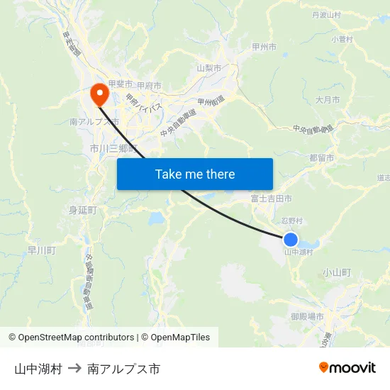 山中湖村 to 南アルプス市 map