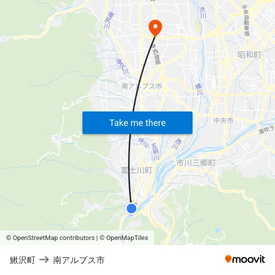 鰍沢町 to 南アルプス市 map