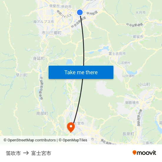 笛吹市 to 富士宮市 map