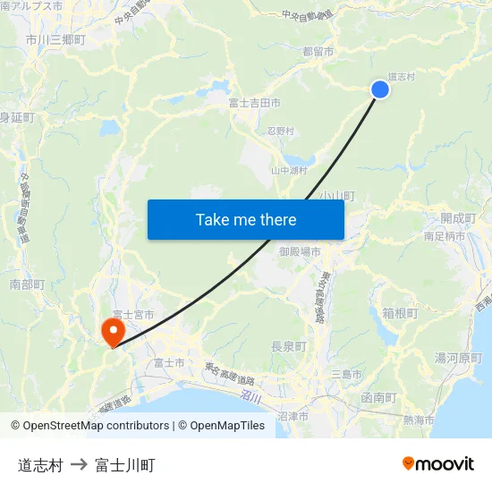 道志村 to 富士川町 map
