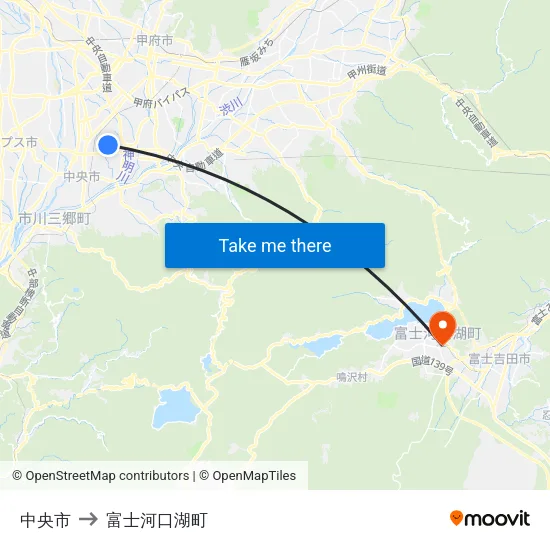 中央市 to 富士河口湖町 map